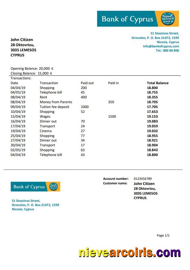 Cyprus Bank of Cyprus bank statement